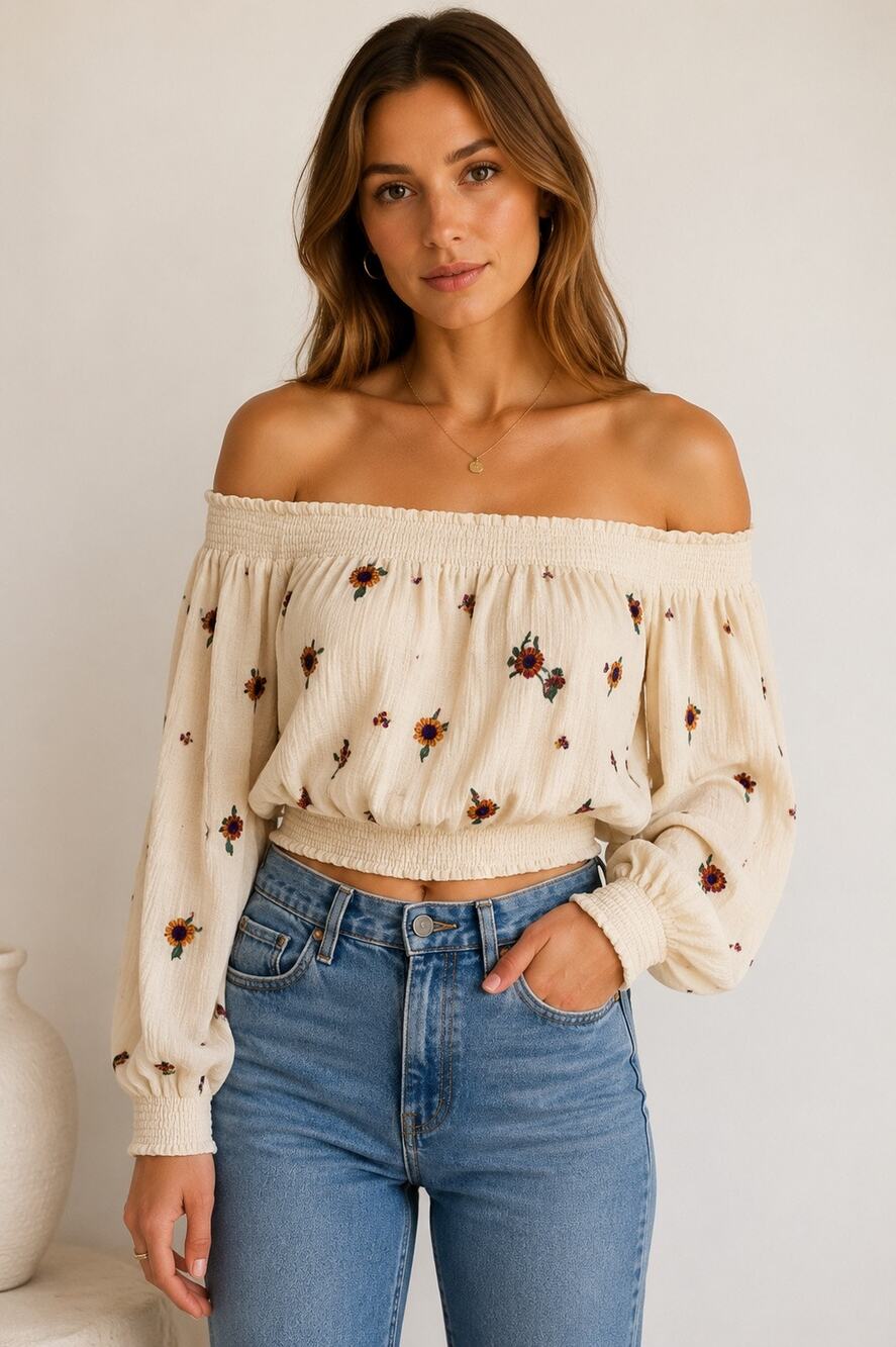 Free People Saachi Ivory Embroidered Off Shoulder Boho Top Large